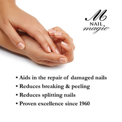 Nail Magic bottle close-up highlighting smooth clear formula and label clarity