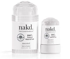nakd. front packaging showing full-size and travel deodorant for easy identification