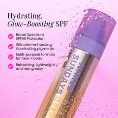 Naked Sundays mist nozzle spraying ultra-fine SPF50 mist for even coverage