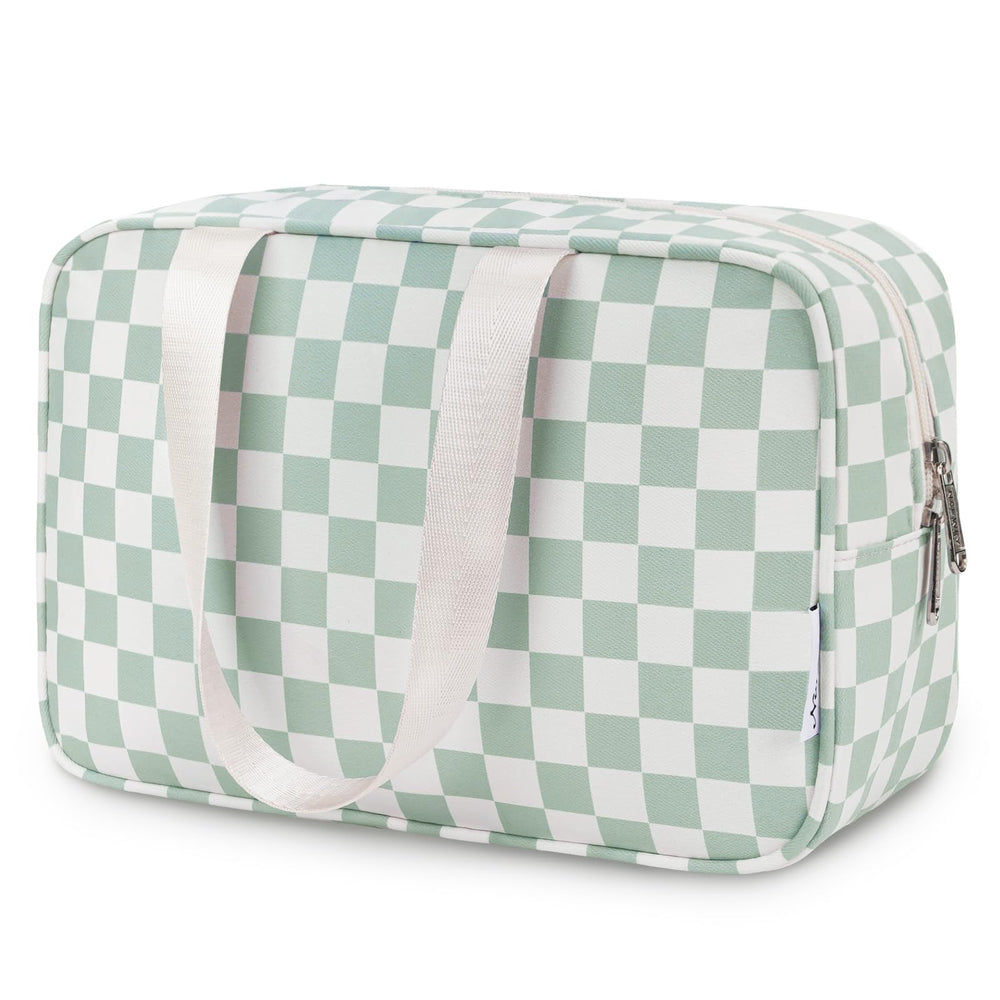 Narwey front view green checker showing roomy organized look