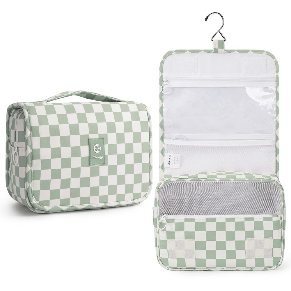 Narwey front view of hanging toiletry bag showing compact organization benefit