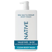 Native 36 oz pump bottle front view showing pump and label, convenient refill benefit