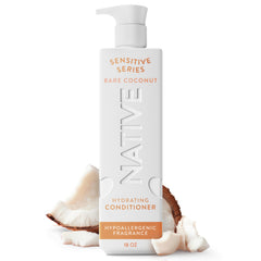 Native front bottle of Bare Coconut conditioner showing label and size benefits hydration
