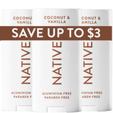 Native front packaging showing coconut and vanilla scent and benefits