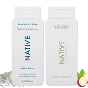 Native front packaging showing both sandalwood and sea salt bottles, clear ingredients benefit