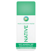 Native front packaging showing SPF 30 and pear coconut scent benefits