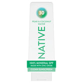 Native front packaging showing SPF 30 and pear coconut water scent, clear protection