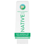 Native front packaging showing SPF 30 and pear coconut water scent, clear protection