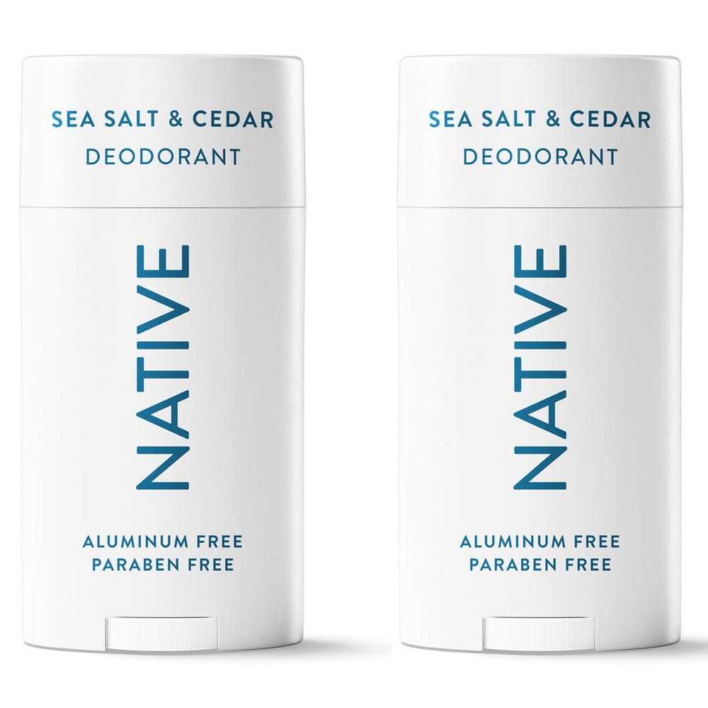 Native front packaging showing two sea salt cedar deodorant sticks for long-lasting protection