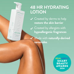 Native lotion dispensed on hand demonstrating lightweight absorbency benefit