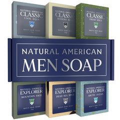 NATURAL AMERICAN front packaging showing six wrapped 5 oz bars and benefits