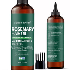 Natural Riches front bottle of rosemary hair oil showing full 8 fl oz and clear label, highlights clean ingredients