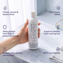 NAVY HAIR CARE creamy foam texture closeup demonstrating gentle lather