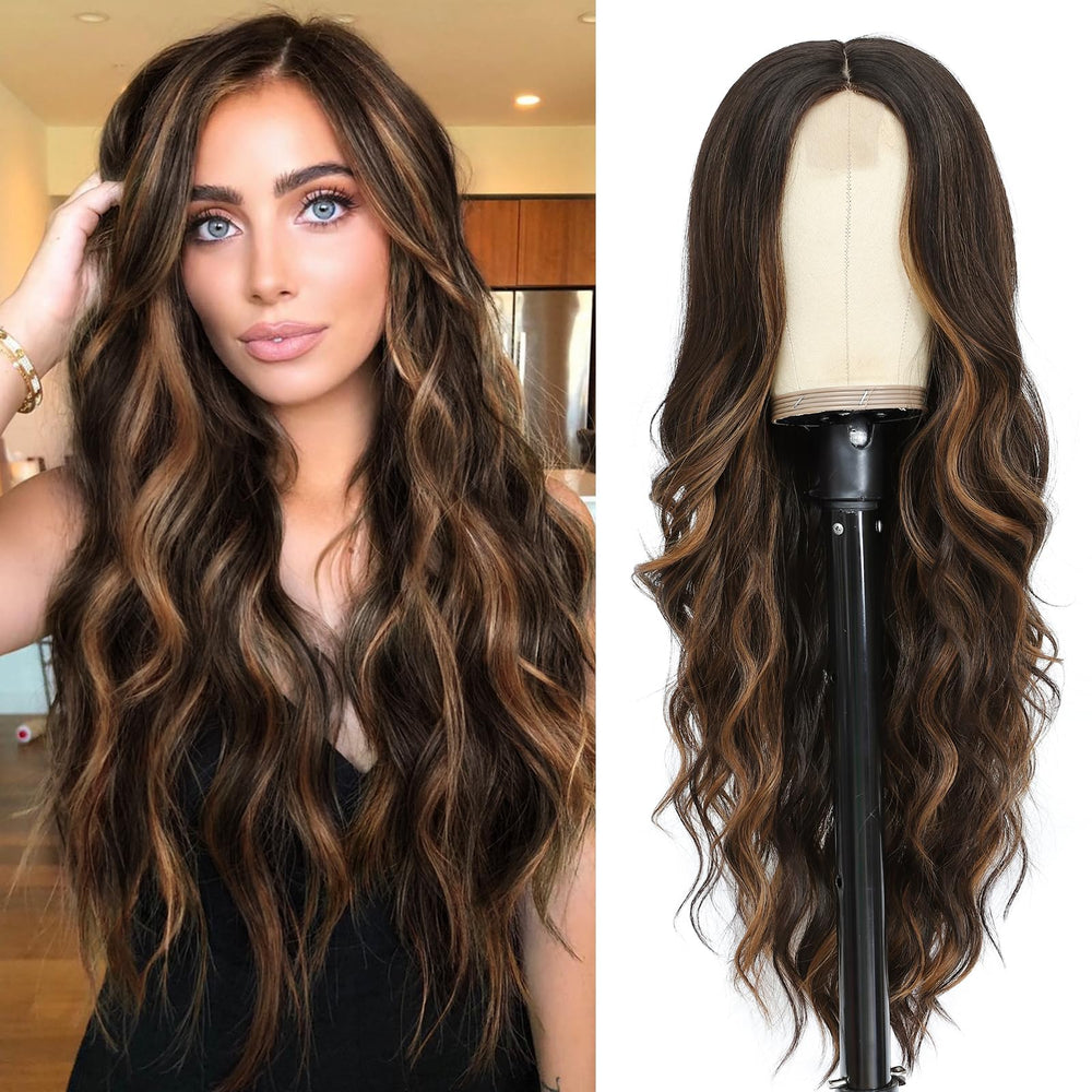 NAYOO front view dark brown long wig showing full waves and middle part benefit: instant length