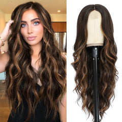 NAYOO front view dark brown long wig showing full waves and middle part benefit: instant length