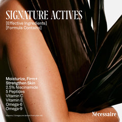 Nécessaire ingredient display with plant oils and niacinamide illustrating nourishment benefits