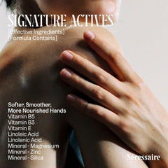 Nécessaire lotion poured on hands demonstrating moisturized, smoother skin benefit