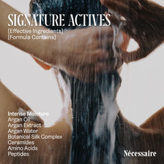 Nécessaire argan ingredient display emphasizing nourishing oil benefit