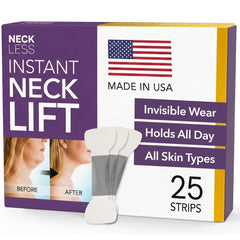 NECK LESS front packaging showing 25-count professional lift strips and benefits