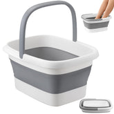 Neeklinny front view of grey collapsible foot bath, space-saving design benefit