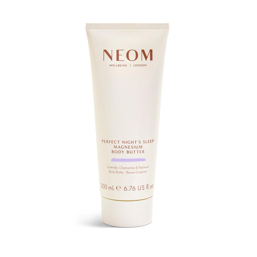 Neom body butter front packaging showing 200ml tub and calming lavender scent benefits