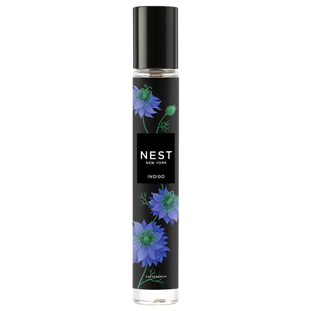 NEST New York Indigo travel spray front view showing elegant bottle and label benefit portability