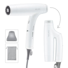 Neuro pearlescent white front view showing sleek compact dryer and benefit of portability