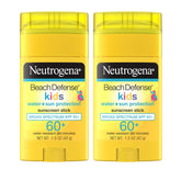 Neutrogena front packaging of the Beach Defense Kids sunscreen stick showing SPF 60+ for quick protection