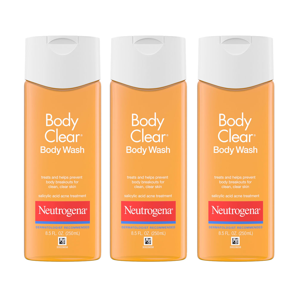 Neutrogena front packaging showing three bottles, clear acne care convenience
