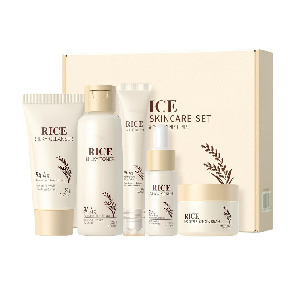 New Cover front packaging showing the full five-step rice skincare kit and benefits