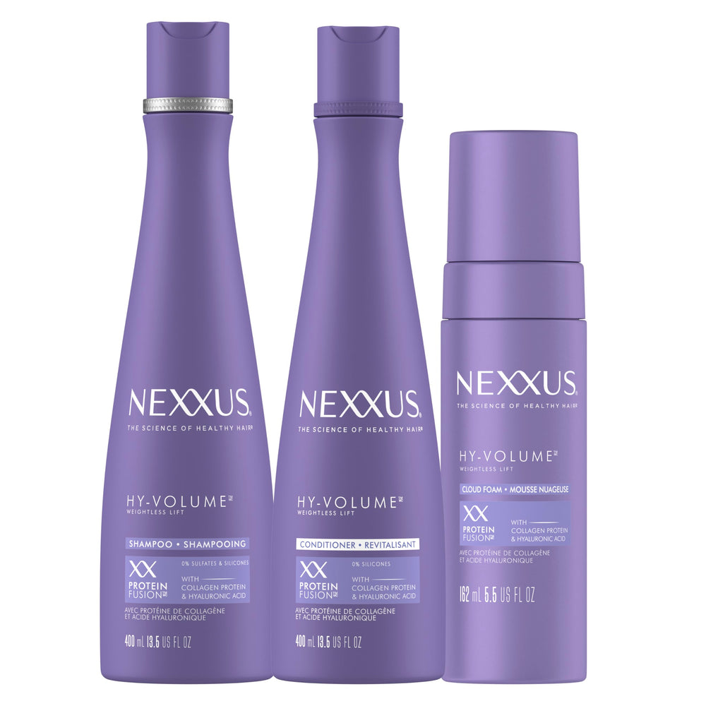 Nexxus front packaging showing three-piece volumizing set and benefits