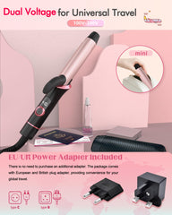 NFie curling iron in hand to show travel-sized scale and portability