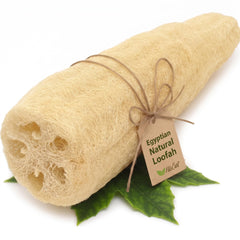 NileCart loofah front view showing full 22-inch natural sponge and reach benefit