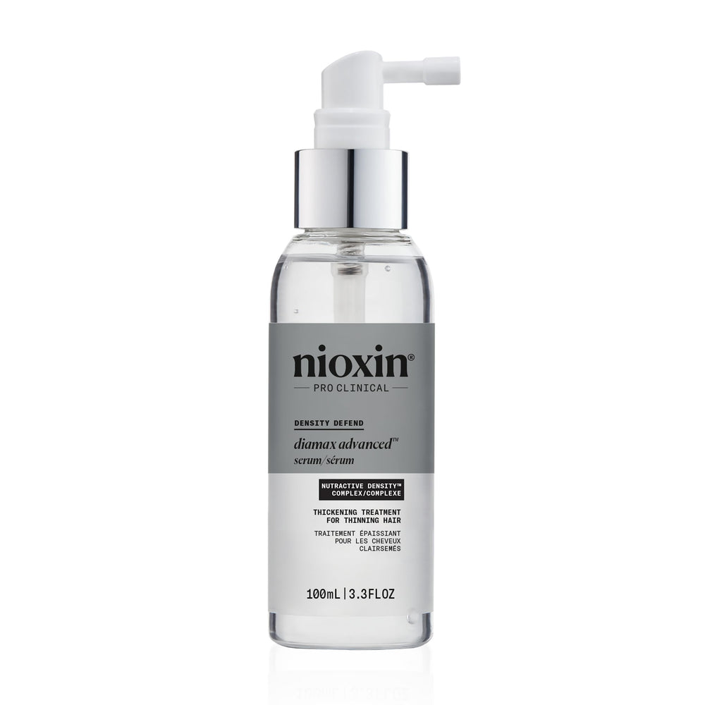 NIOXIN front packaging showing serum bottle and box, clear product benefit