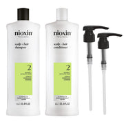 NIOXIN front packaging showing liter shampoo and conditioner, supports fuller-looking hair