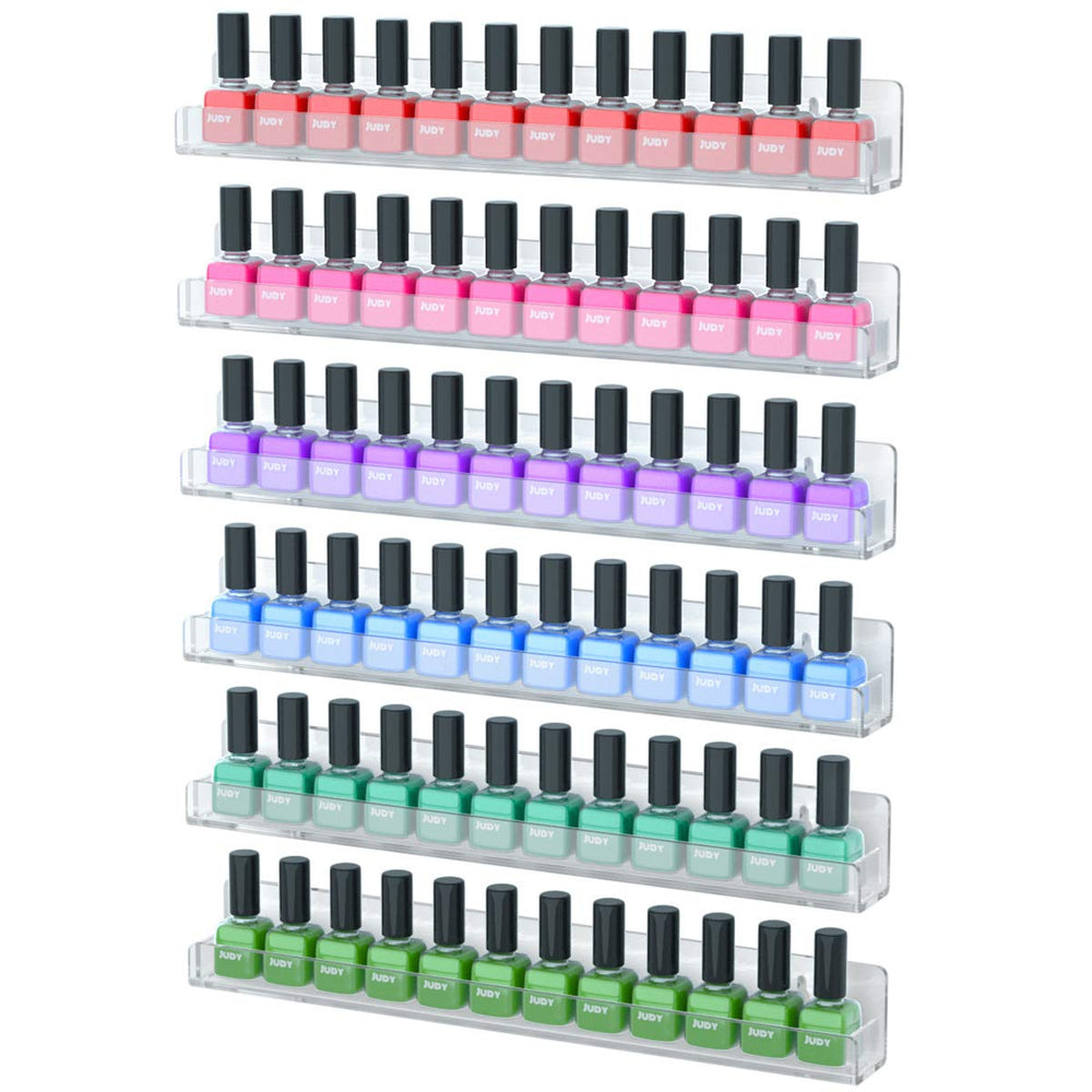 NIUBEE front view showing six clear shelves and organized polish bottles for easy selection