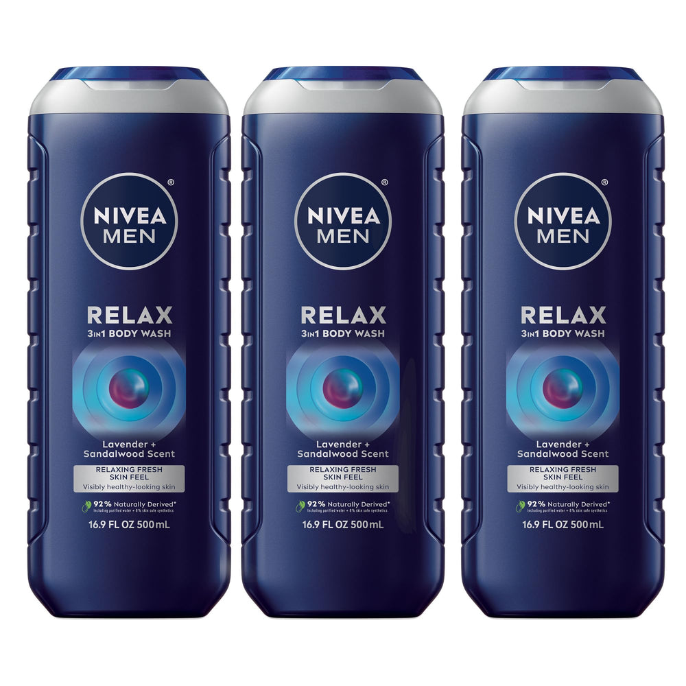 NIVEA MEN front packaging showing calming Lavender and Sandalwood scent for relaxation