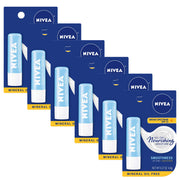 NIVEA front packaging showing six-carded lip balm sticks and benefits