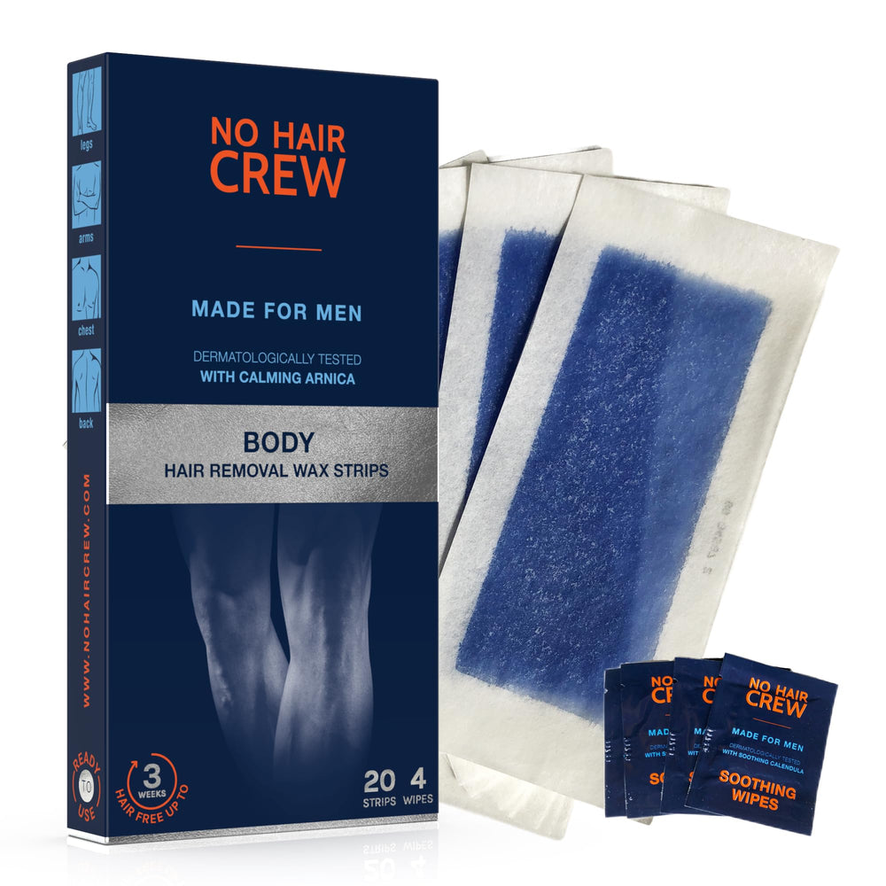 NO HAIR CREW front packaging showing strips and wipes for fast removal