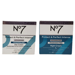 No7 front view of day and night bundle showing both jars and brand benefit