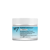 No7 hydraluminous+ whipped day cream jar front view, clear branding and compact size
