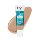 No7 front packaging showing bottle and shade Warm Beige for true-skin match