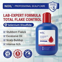 NOIL label close-up highlighting selenium sulfide 0.5% active ingredient benefit