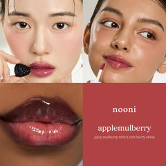 NOONI swatch on forearm illustrating Applemulberry shade adapting to skin
