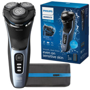 Norelco 3600 front view showing ergonomic shape and storm blue finish for comfortable grip