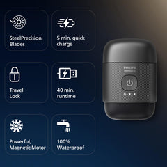 Philips Norelco 500 held in hand to show compact size and portability