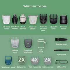 Norelco 7000 array of attachments illustrating versatile grooming options