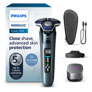 Philips Norelco 7900 front view showing ergonomic grip and control buttons for comfort