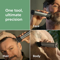Norelco 9000 full attachments layout displaying all 23 pieces for versatile grooming