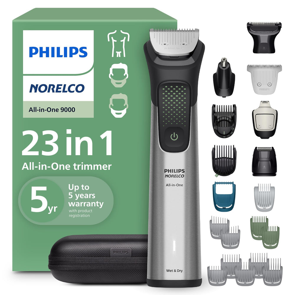 Norelco 9000 front view showing main trimmer and ergonomic grip for comfortable control